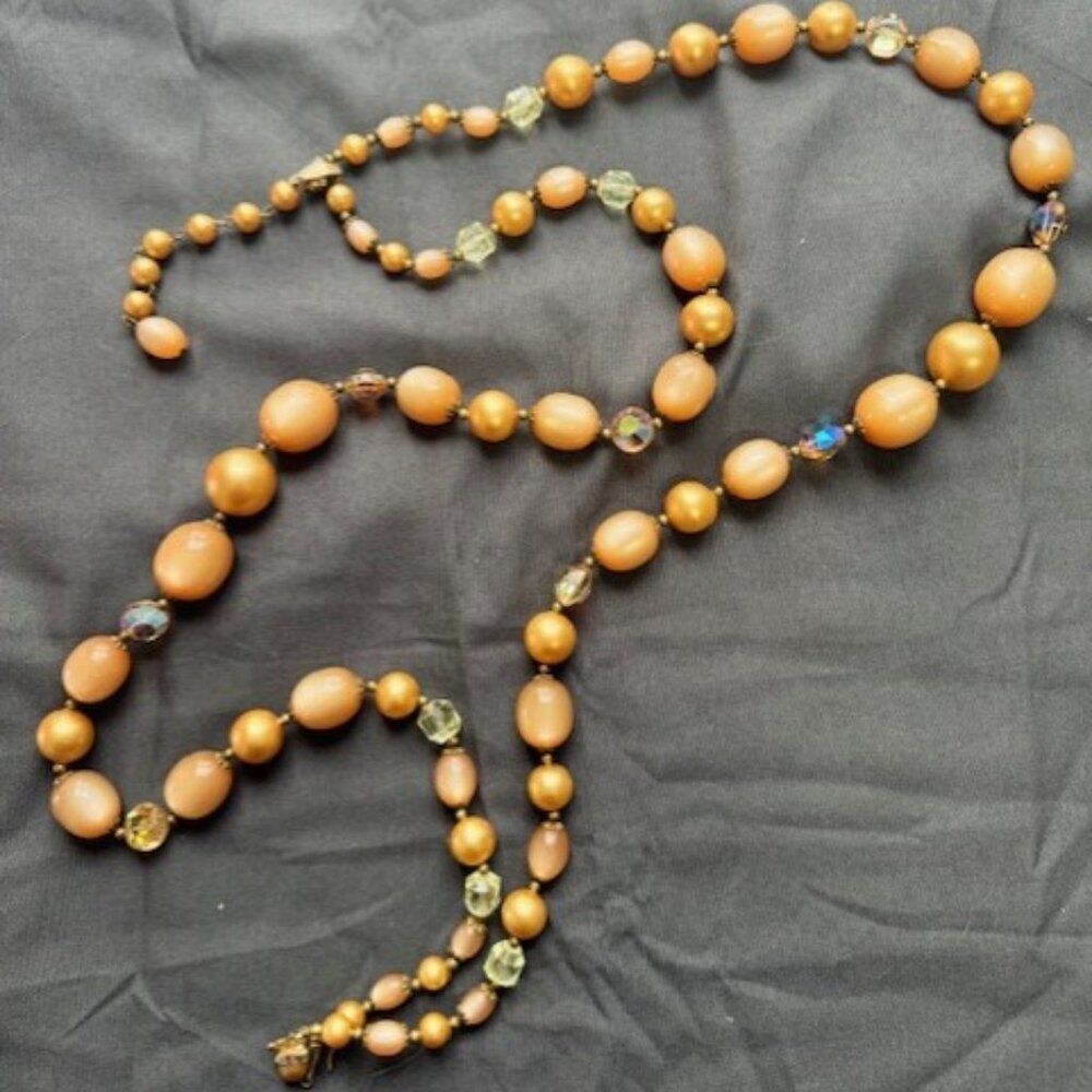 Vintage Multi 2 Strand Plastic Beaded Necklace Brown w Clear Glass Accents